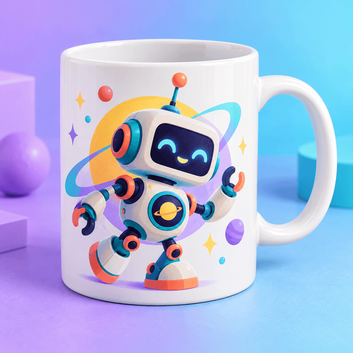 Mug with vibrant robot and space artwork, fully designed
