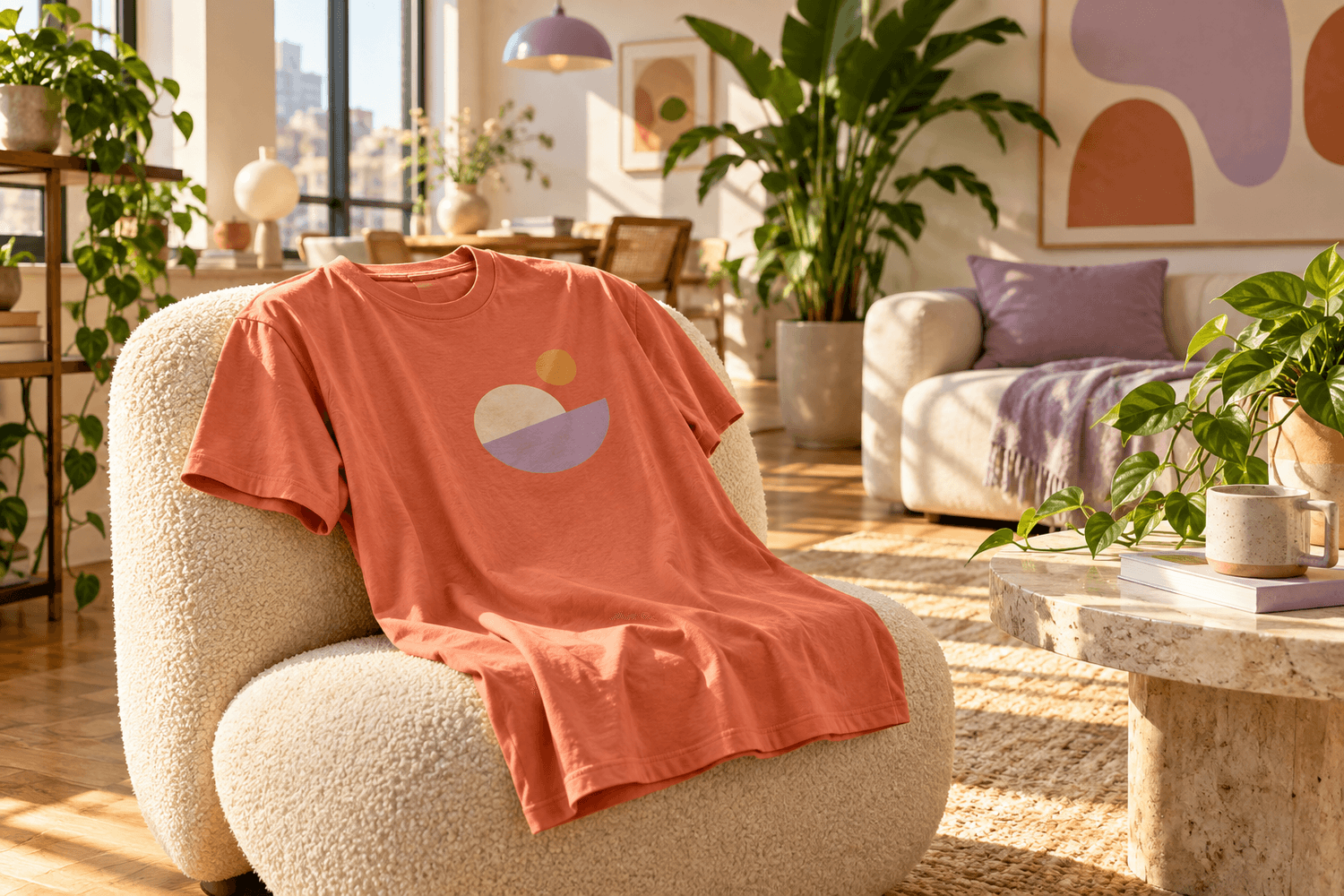 Terracotta tee with abstract print in a bright living room